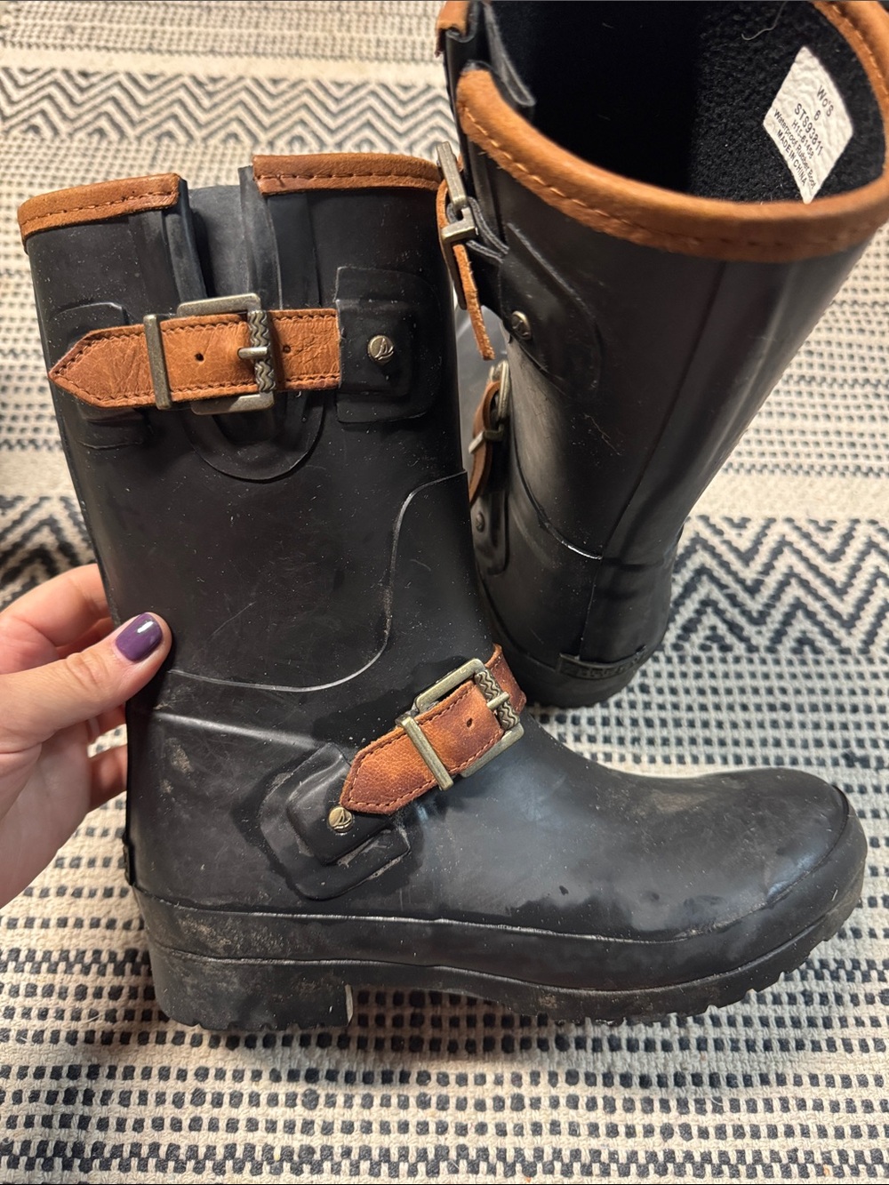 Sperry Women's Black Rain Boots with Brown Trim and Buckles